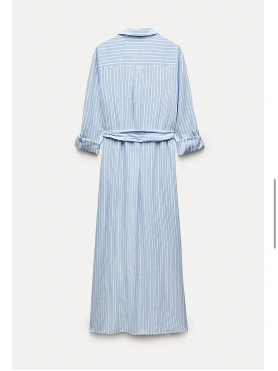 Zara Light Blue and White Striped Linen Blend Midi Shirt Dress - Picture 4 of 7